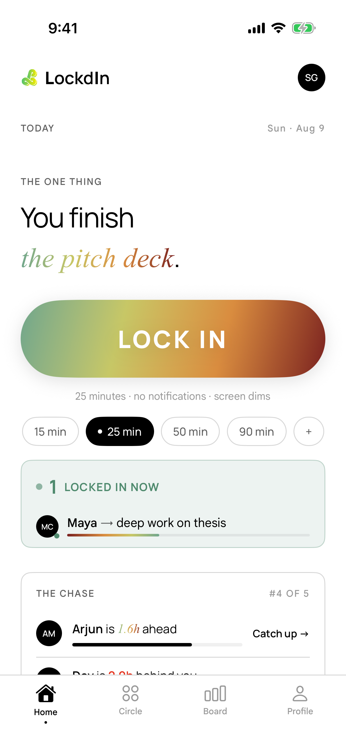 LockdIn home screen: pick a task and lock in